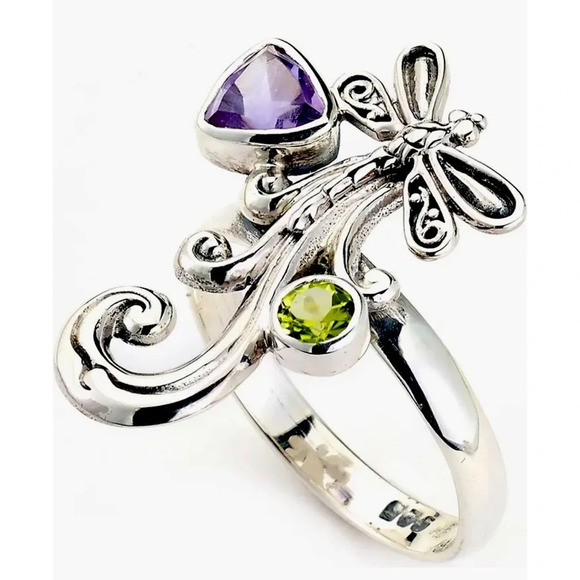 SAMUEL B. Sterling Silver Bezel Set Amethyst & Peridot Dragonfly Ring, Size 7​ - Picture 1 of 7